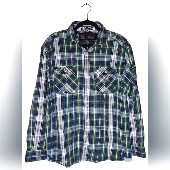 0070 Nautica Plaid Button Up Longsleeve Green Blue Fall Flannel Size Medium - Picture 1 of 9